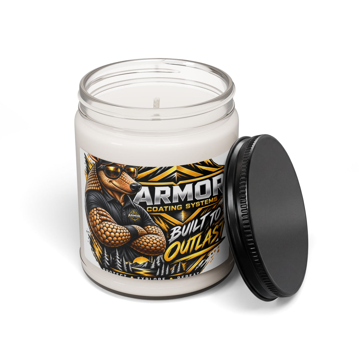 Scented Soy Candle — Armor Coating “Built to Outlast” Graphic Jar (9oz)